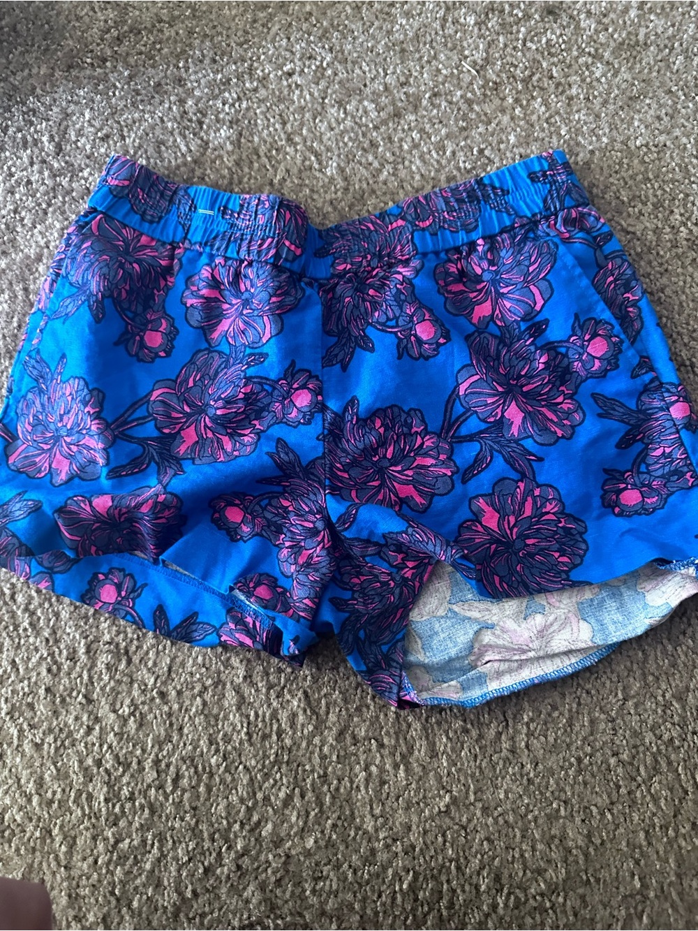 J. Crew Bright Blue Floral Athletic Shorts with Pink Blooms